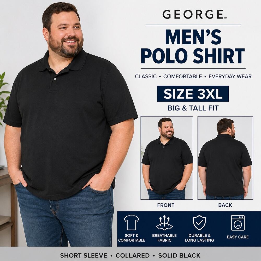 George Mens Polo Shirt Black Solid Short Sleeve Collared Casual Big and Tall 3XL